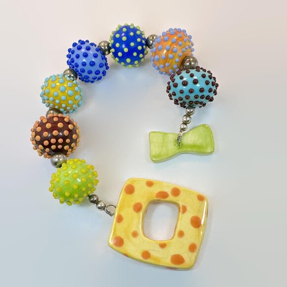 Glass Bead Bracelet, Lamp Work, Dotted, Rainbow, Art Glass, Blue, Orange, Yellow - Picture 7 of 7